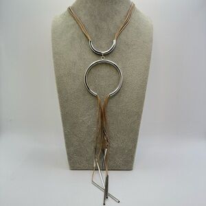 Silver Tone Circle Pendant Cable Tassel Statement Necklace Boho Unique